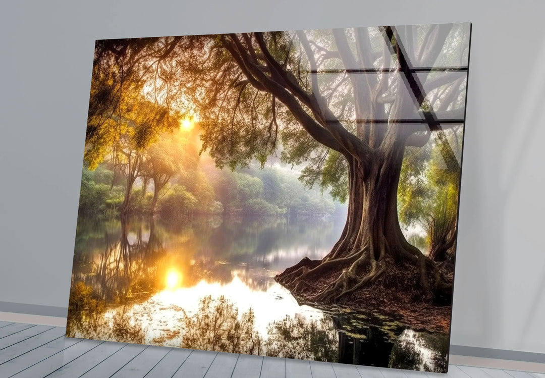 Golden Forest Sunrise Reflections – Majestic Tree and River Glass Wall Art - MyPhotoStation