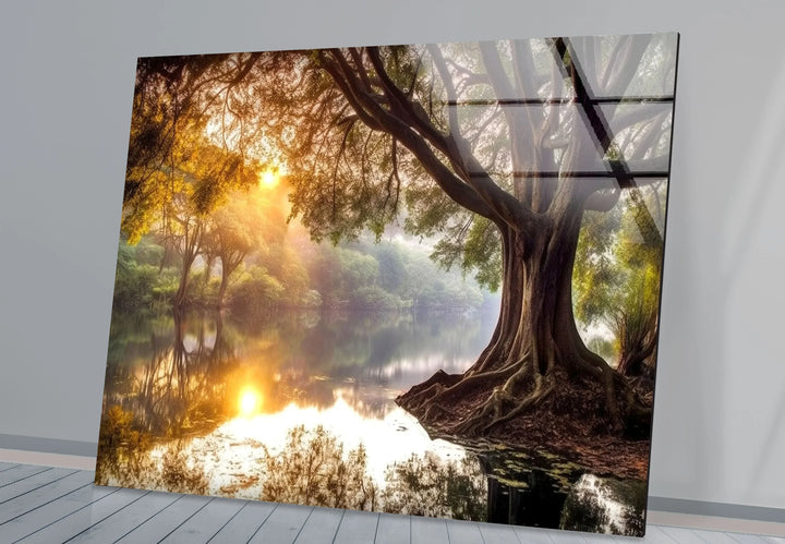 Golden Forest Sunrise Reflections – Majestic Tree and River Glass Wall Art - MyPhotoStation