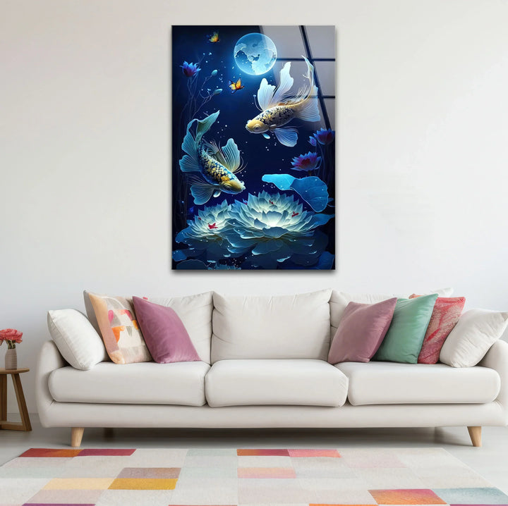 Moonlit Koi Fish and Lotus Wall Art – Tranquil Blue Glass Panel for Zen Decor