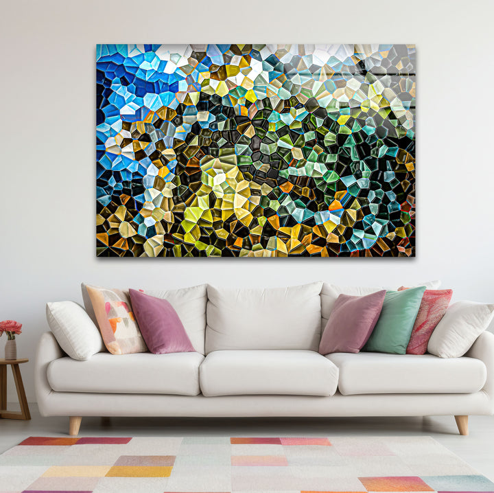 Abstract Mosaic Landscape Glass Wall Art – Colorful Geometric Nature Design