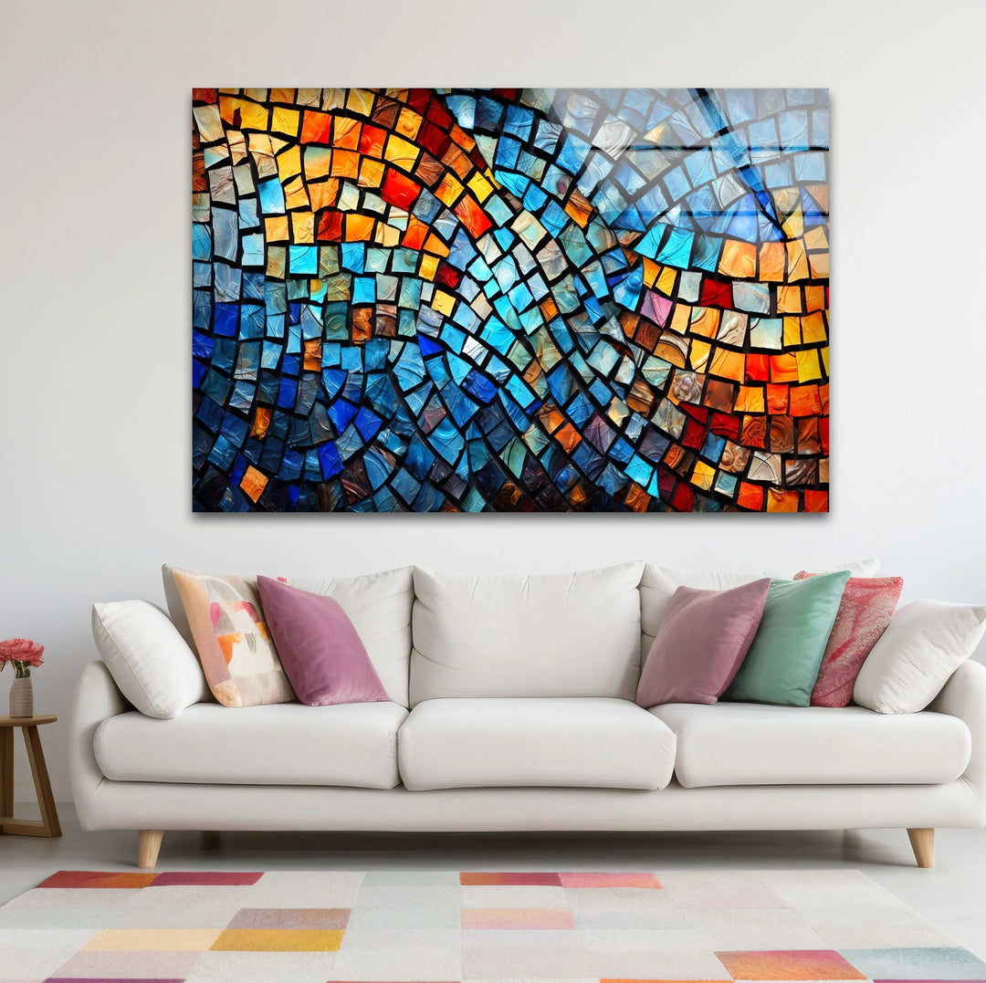 Vibrant Mosaic Wave Glass Wall Art – Colorful Abstract Squares Decor - MyPhotoStation