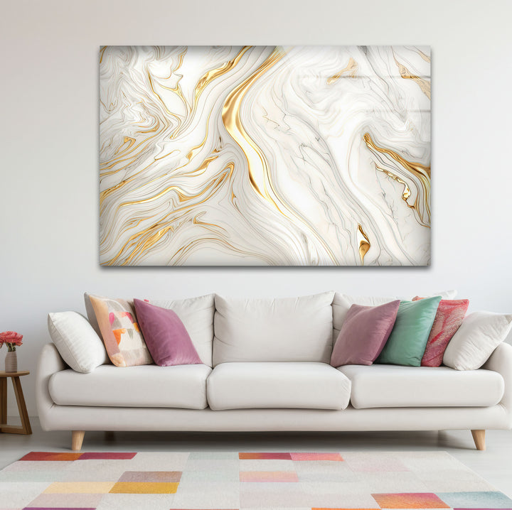 White & Gold Marble Glass Wall Art – Elegant Luxury Abstract Design