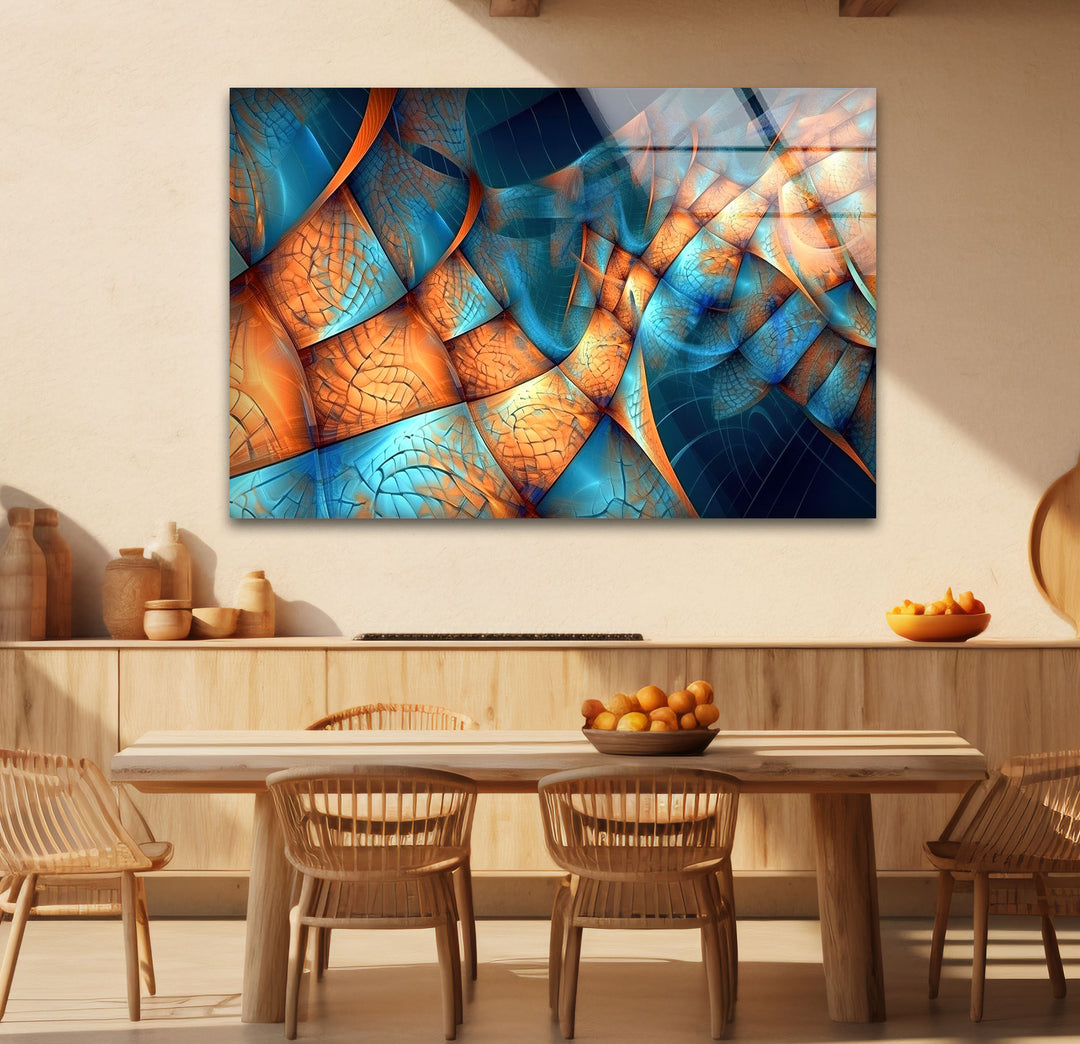 Fraktale Wellen-Glaswandkunst – Blaues und oranges abstraktes Flussdesign für moderne Räume 