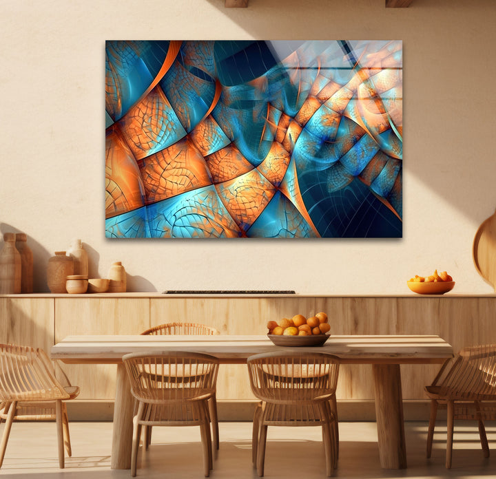 Fraktale Wellen-Glaswandkunst – Blaues und oranges abstraktes Flussdesign für moderne Räume 