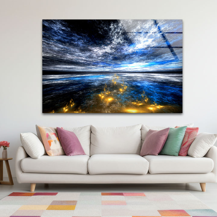 Celestial Ocean Light Wall Art – Abstract Blue and Gold Horizon Glass Print