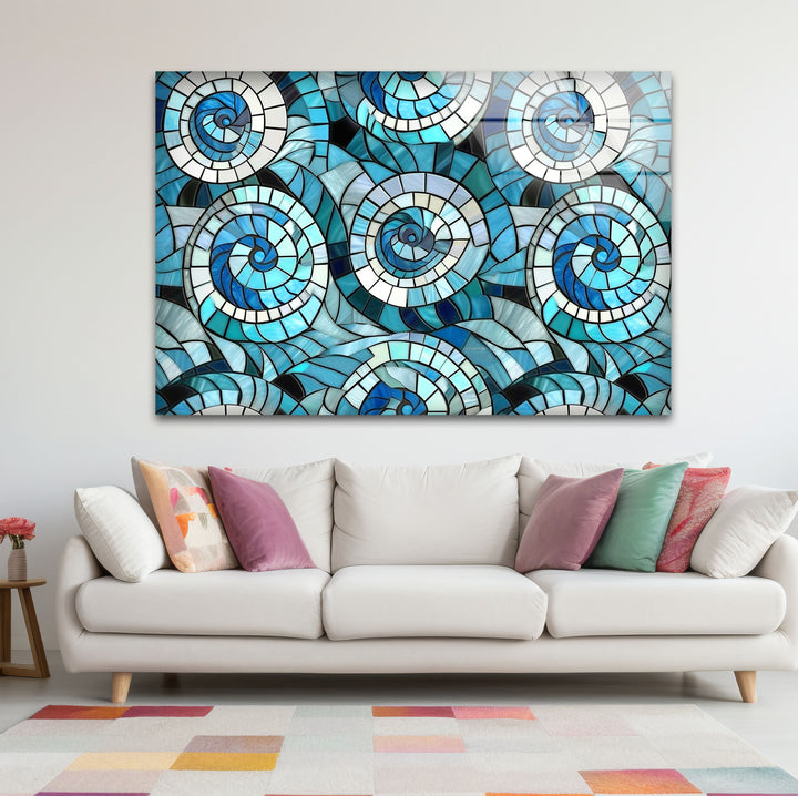 Nautical Spiral Stained Glass Wall Art – Blue Ocean Wave Design