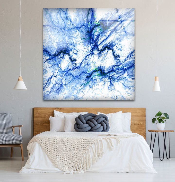 Electric Blue Vein Wall Art – Abstract Lightning-Inspired Glass Print