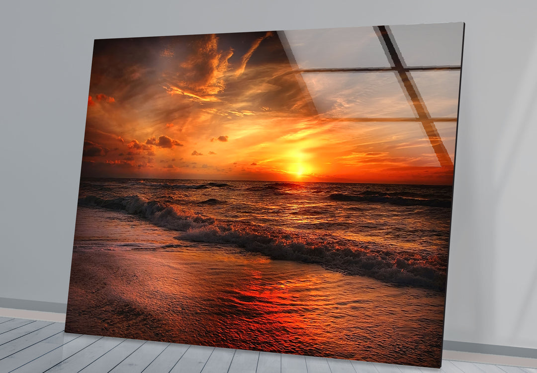 Fiery Sunset Ocean Wall Art – Bold Coastal Glass Print for Dramatic and Modern Interiors