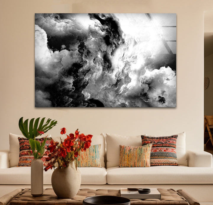 Monochrome Storm Wall Art – Black and White Cloud Glass Print Decor