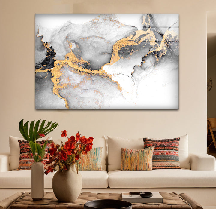 Black White and Gold Abstract Wall Art – Minimalist Glass Print for Modern Decor