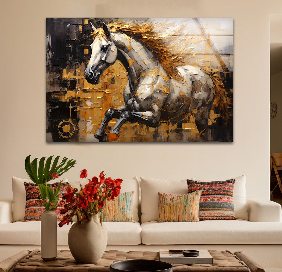 Golden Spirit Horse Wandkunst – Abstrakter Glasdruck mit rennendem Hengst