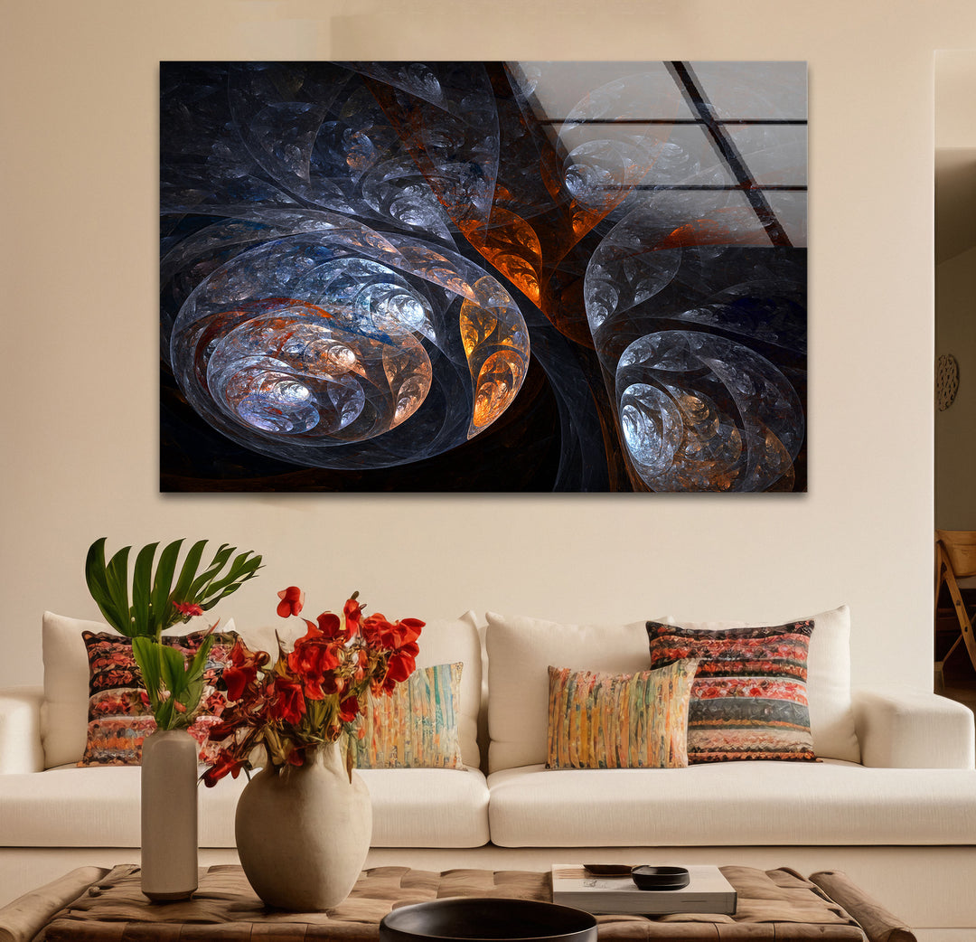 Cosmic Fractal Swirl Wall Art – Dark Abstract Universe Glass Print