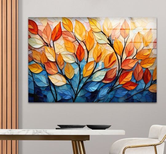 Vibrant stained glass autumn leaves art showcasing organic forms in warm reds, oranges, and blues, perfect for home decor.