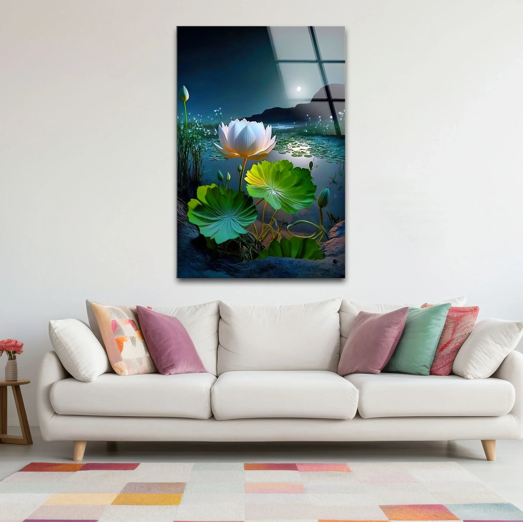Moonlit Lotus Flower Glass Wall Art – Serene Night Lake Scene for Tranquil Home Decor - MyPhotoStation