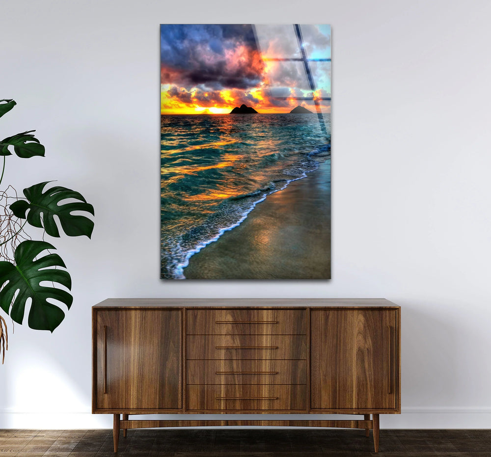 Tropical Sunset Beach Scene – Ocean Wave Glass Wall Art with Island Silhouette - MyPhotoStation