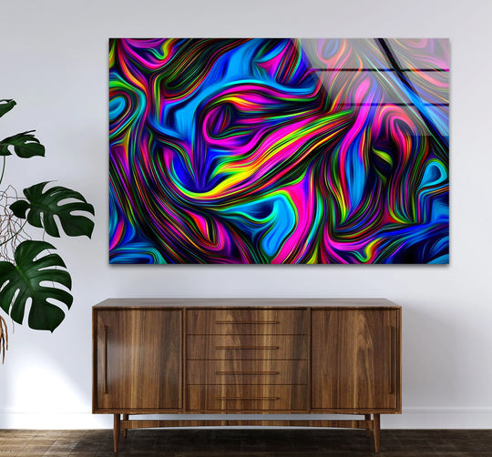 Vivid whirl abstract neon glass art features the softest swirls of electric blues, pinks, and yellows.