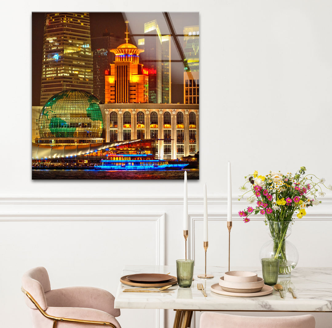 Shanghai Skyline Wall Art – Vibrant City Lights Glass Print for Modern Decor