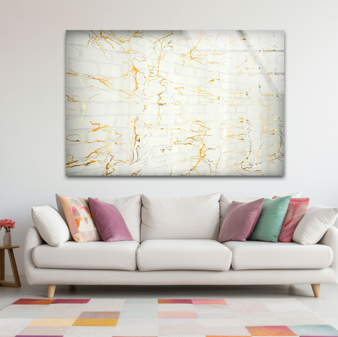 White Marble Texture Glass Wall Art with Gold Veins – Modern Minimalist Decor