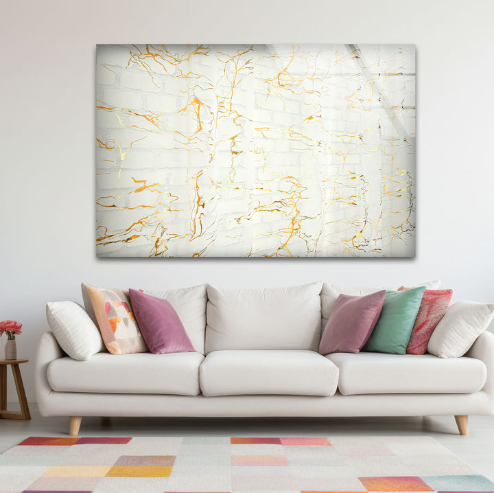 White Marble Texture Glass Wall Art with Gold Veins – Modern Minimalist Decor
