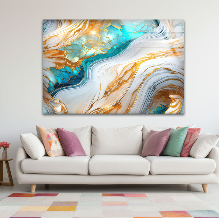Luxuriöse Wandkunst aus goldenem und türkisfarbenem Marmor – Abstraktes, fließendes Design für moderne Innenräume