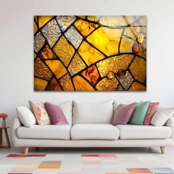 Goldene Buntglas-Wandkunst – Abstrakter strukturierter Glasdruck für Zuhause und Büro