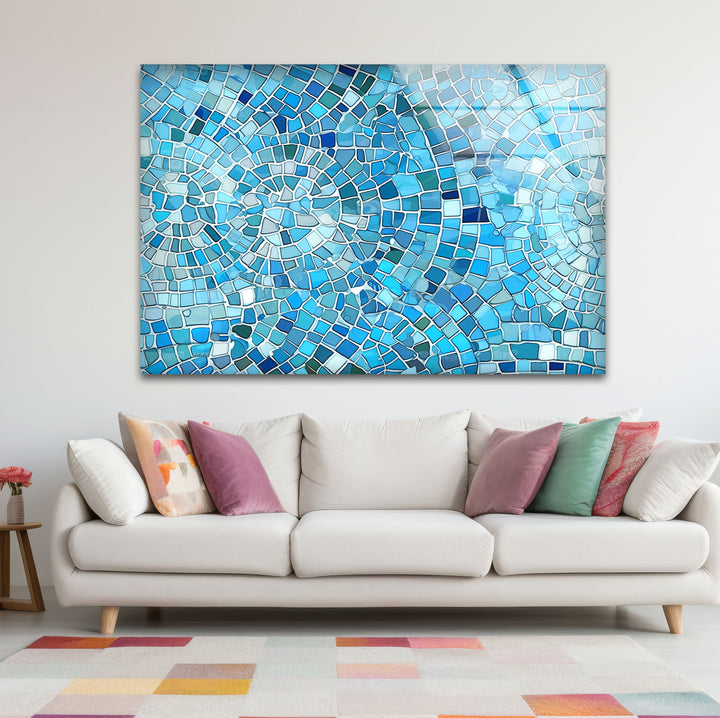 Aqua Blue Mosaic Glass Wall Art – Coastal Geometric Decor for Bathroom & Spa