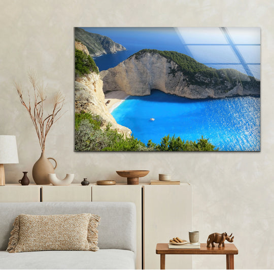 Horizontal rectangular coastal paradise glass art presents the serenity bay landscape in an orientation that highlights its shape as azure waters meet steep cliffs.