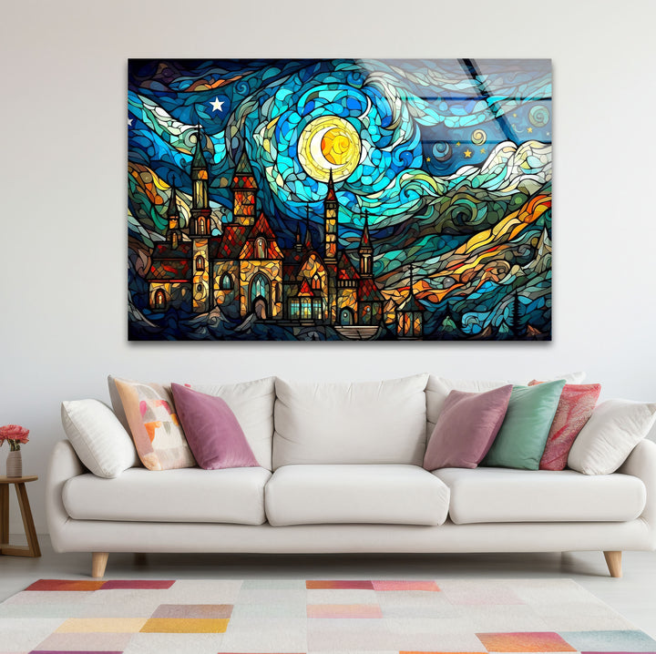 Van Gogh Sternennacht Schloss Glaswandkunst – Buntglas-inspiriert 