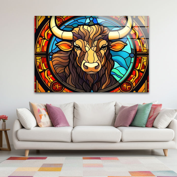 Wanddekoration mit Stier aus Buntglas – Rustikales Dekor, modernes Tierdesign 