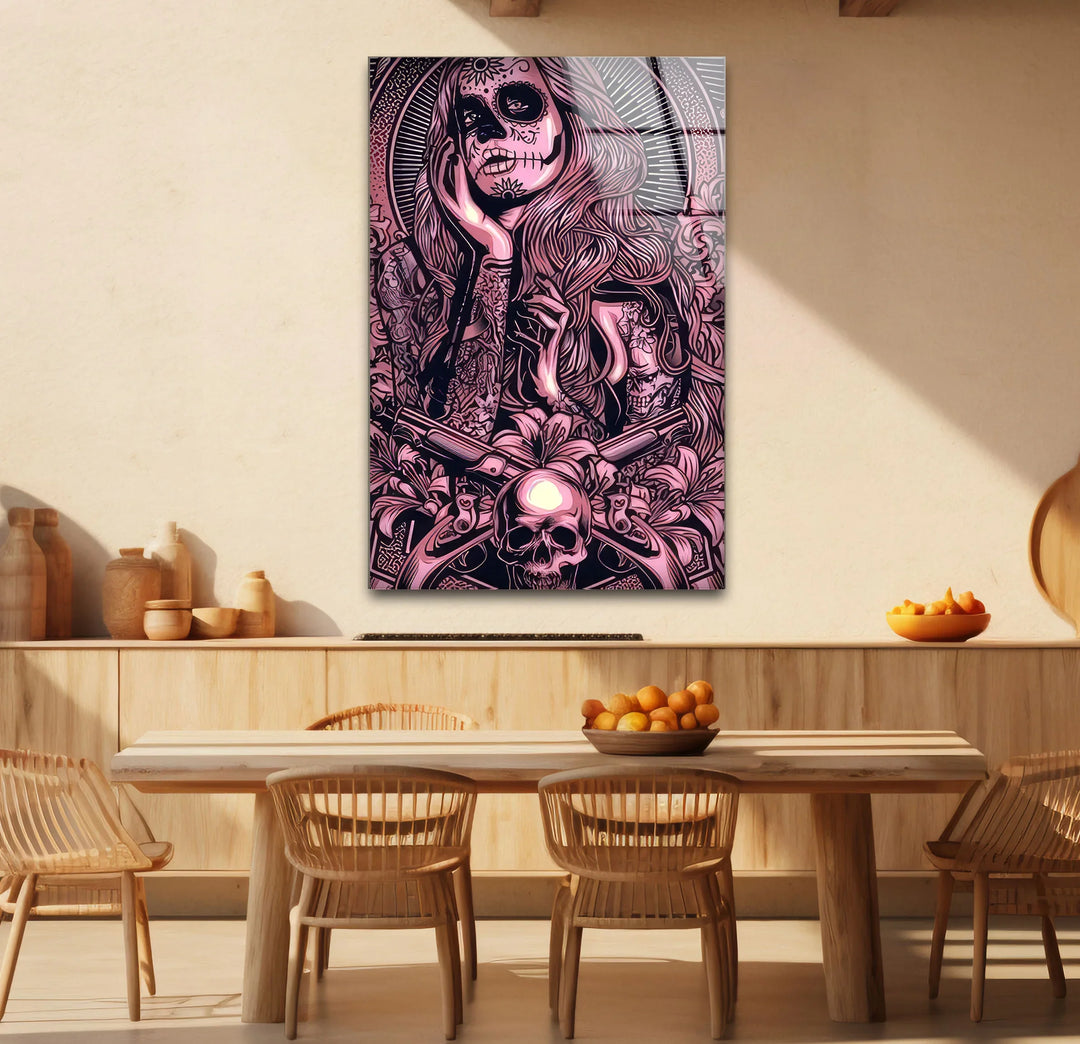 Day of the Dead Gothic Wall Art – Pink Skull Girl with Guns Tattoo Design - MyPhotoStation