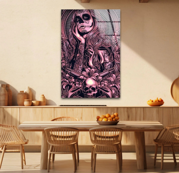 Day of the Dead Gothic Wall Art – Pink Skull Girl with Guns Tattoo Design - MyPhotoStation