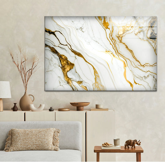 Luxurious abstract glass wall prints featuring intricate gold vein lines create an elegant geometric pattern on a white marble background.