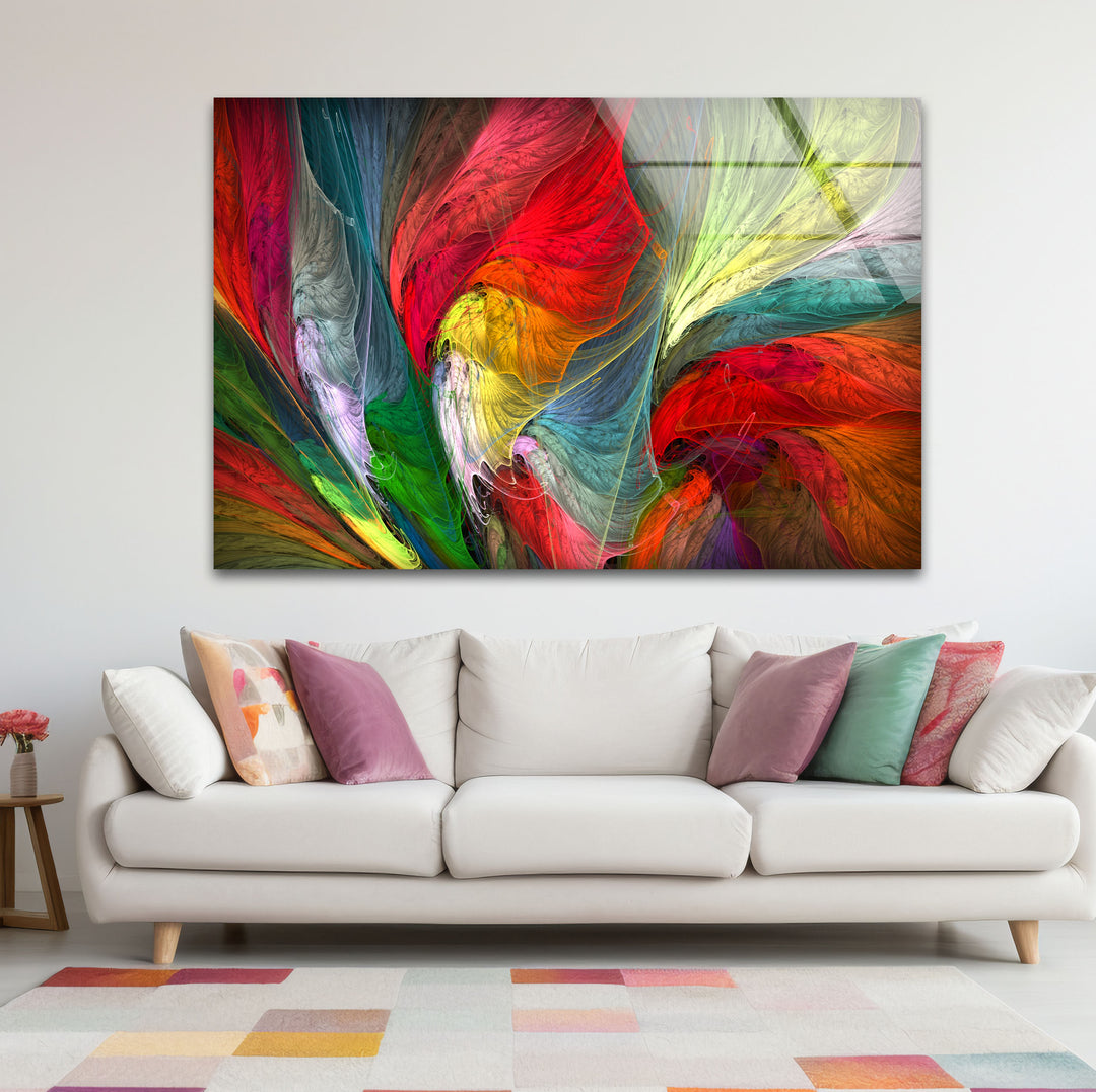 Colorful Feather Burst Wall Art – Abstract Rainbow Glass Print Decor