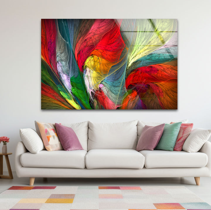 Colorful Feather Burst Wall Art – Abstract Rainbow Glass Print Decor