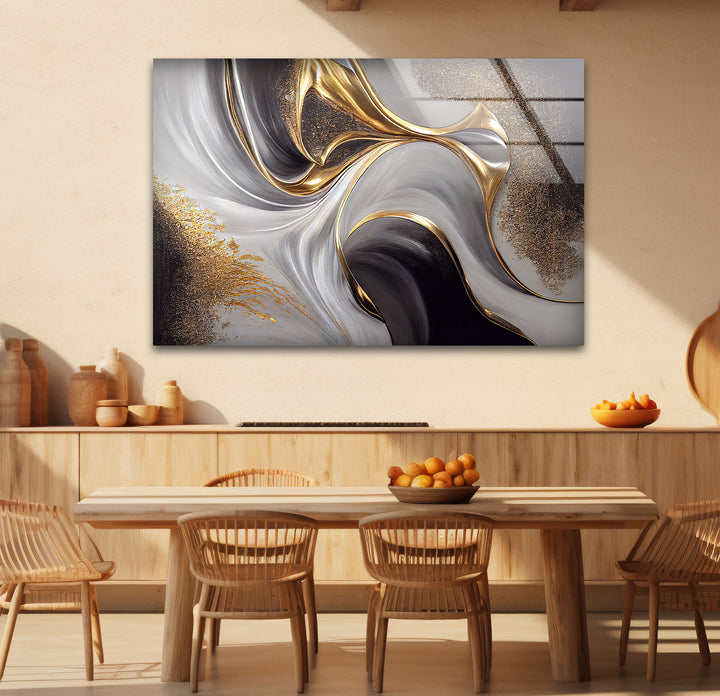 Gold Black White Abstract Wall Art – Elegant Fluid Wave Glass Print for Luxury Interiors
