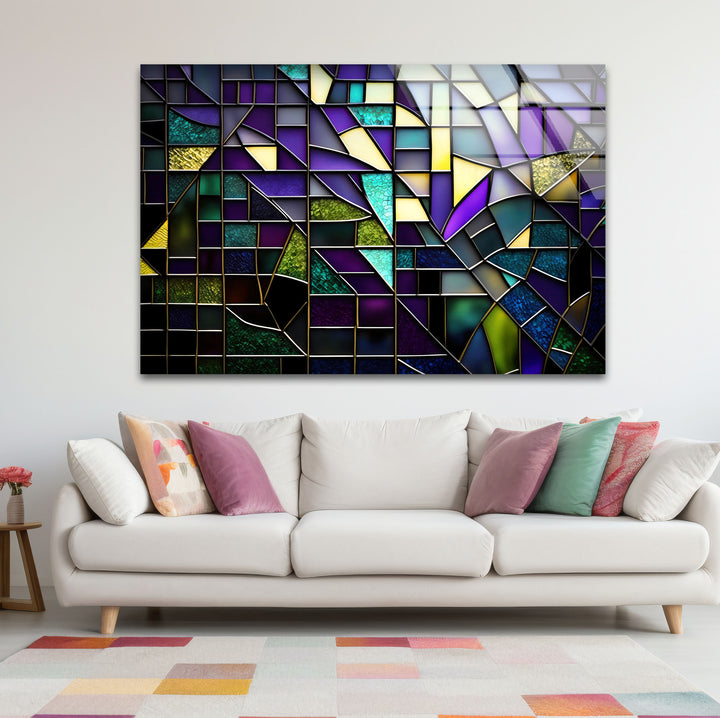 Modern Abstract Stained Glass Wall Art – Purple & Gold Geometric Decor