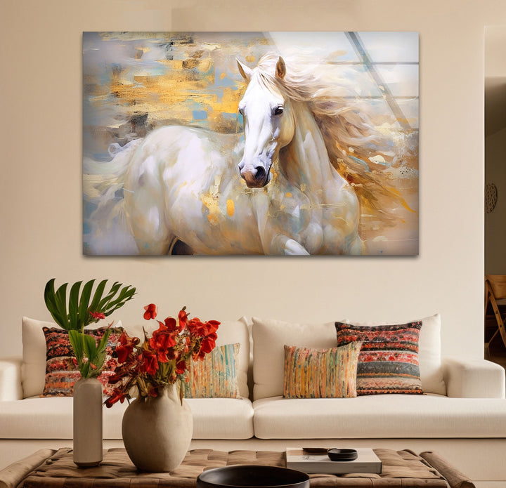 Majestic White Horse Wall Art – Abstract Glass Print for Modern Interiors