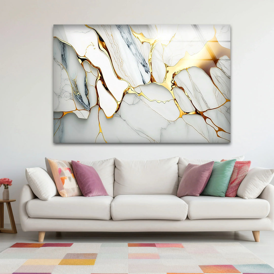 Gold Vein Marble Wall Art – Elegant White Glass Print with Metallic Cracks for Modern Luxe Interior Decor - MyPhotoStation