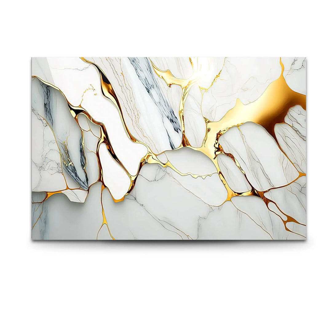 Gold Vein Marble Wall Art – Elegant White Glass Print with Metallic Cracks for Modern Luxe Interior Decor - MyPhotoStation