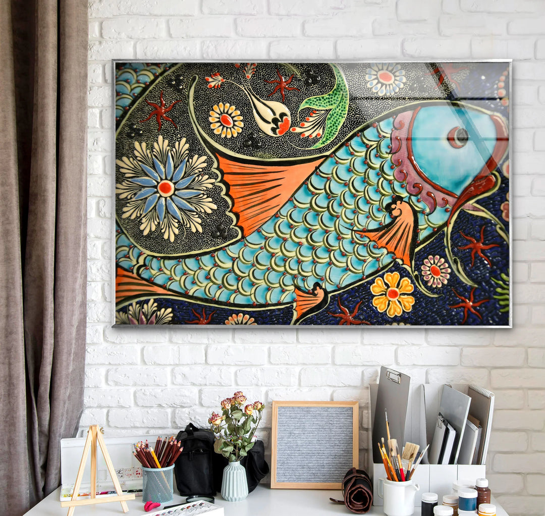 Floral Patterned Fish Wall Art – Turkish Ceramic-Inspired Glass Print - MyPhotoStation