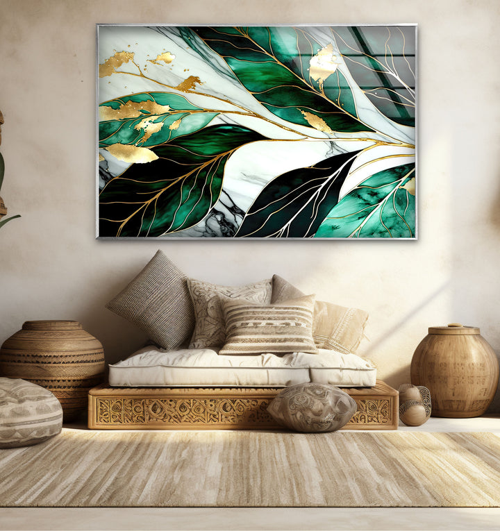 Gold & Emerald Botanical Glass Wall Art – Luxury Green Leaf Design