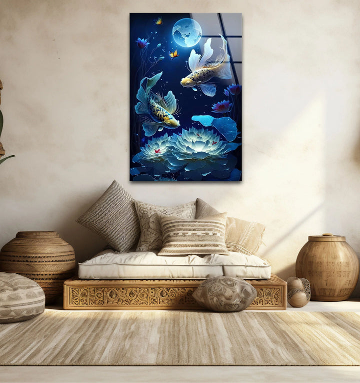 Moonlit Koi Fish and Lotus Wall Art – Tranquil Blue Glass Panel for Zen Decor