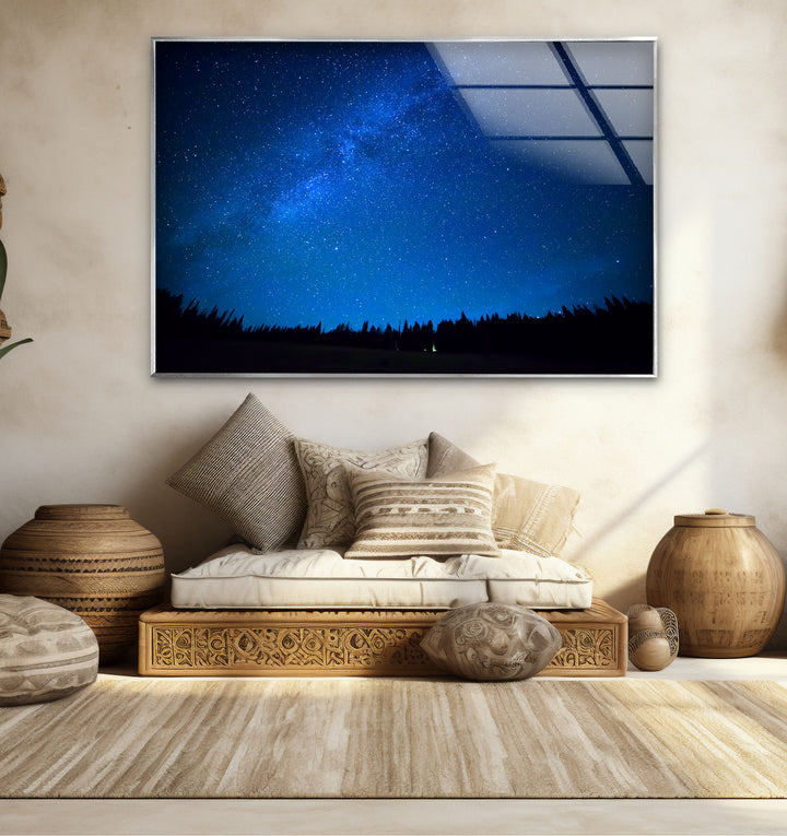 Starry Night Sky Wall Art – Deep Blue Milky Way Glass Print Decor