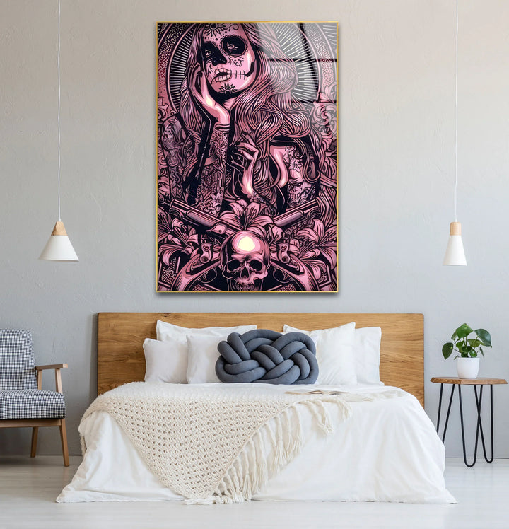 Day of the Dead Gothic Wall Art – Pink Skull Girl with Guns Tattoo Design - MyPhotoStation