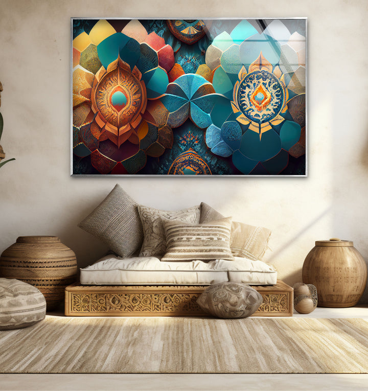Luxuriöse Mandala-Wandkunst aus Glas – Abstraktes geometrisches Blumendesign