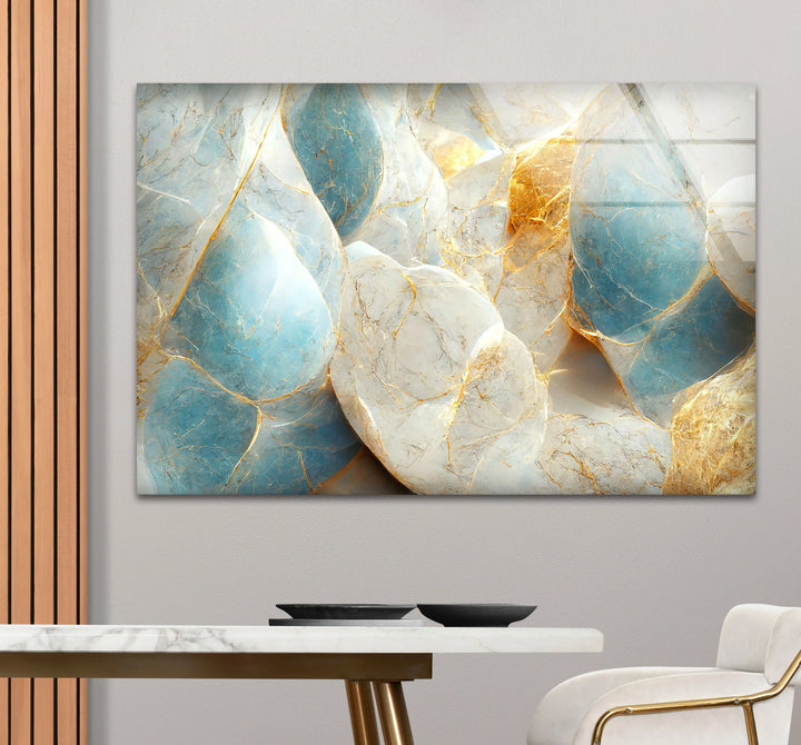 Blue White Marble Wall Art – Elegant Stone Glass Print with Gold Veining for Modern Luxury Interior Decor - MyPhotoStation