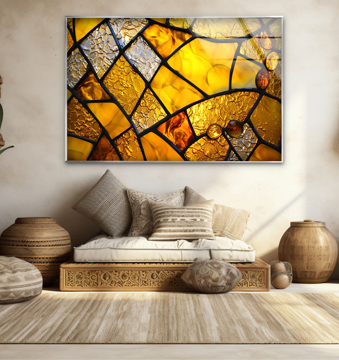 Goldene Buntglas-Wandkunst – Abstrakter strukturierter Glasdruck für Zuhause und Büro