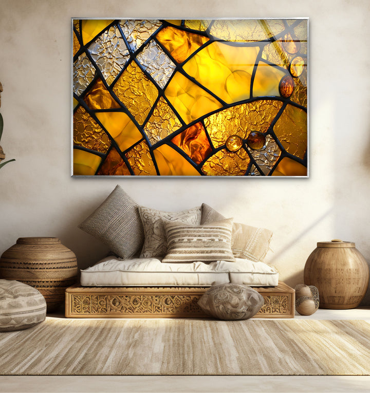 Goldene Buntglas-Wandkunst – Abstrakter strukturierter Glasdruck für Zuhause und Büro
