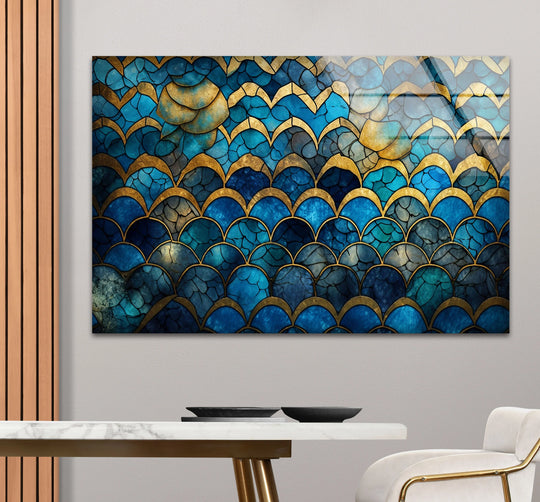 Blue & Gold Wave Mosaic Glass Art – Sea-Inspired Cracked Texture - MyPhotoStation