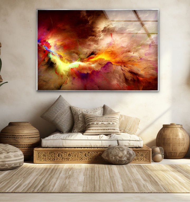 Fiery Nebula Explosion Wall Art – Abstract Cosmic Storm Glass Print Decor